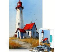 Puzzle de 1000 pièces représentant Un Phare à l'aquarelle avec Une Maison au Toit Rouge,idéal pour Les Adolescents Activité de Groupe et Facile à Vivre en intérieur,pour développer sa mémoire