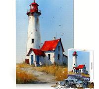 Puzzle de 1000 pièces représentant Un Phare à l'aquarelle avec Une Maison au Toit Rouge,idéal pour Les Adolescents Stimulation Cognitive,Loisirs et Plaisir Finition sans aspérités Cadeau Artistique