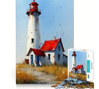 Puzzle de 1000 pièces représentant Un Phare à l'aquarelle avec Une Maison au Toit Rouge Jeu de développement cognitif Surface Lisse sans bavures Activité relaxante à Faire en Groupe à l'intérieur