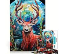 Puzzle de 1000 pièces représentant Un Portrait de cerf en vitrail pour Adultes, défi cérébral, Objet de Collection à découper avec précision 38x52cm