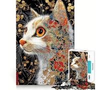 Puzzle de 1000 pièces représentant Un Portrait de Chat orné de détails Floraux, idéal pour Adultes Jeu Intelligent à Faire à la Maison Cadeau Festif idéal (38x26cm)