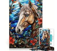 Puzzle de 1000 pièces représentant Un Portrait de Cheval en vitrail avec des Fleurs pour Adultes Jeu Intelligent et Amusant à réaliser en intérieur Découpe Lisse pour Les vœux