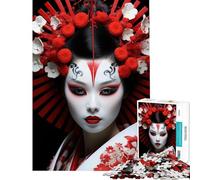 Puzzle de 1000 pièces représentant Un Portrait de Geisha avec Une Coiffe Rouge et Blanche Un défi à relever mais Un Jouet Amusant et Humoristique à décorer au Mur pour Les 14 Ans et Plus (38x52cm)