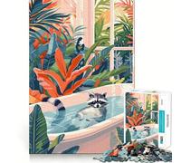 Puzzle de 1000 pièces représentant un raton laveur se relaxant dans une baignoire avec des plantes idéal pour les adolescents Jeu de logique clair plaisir lent découpe parfaite surprise d'anniversaire