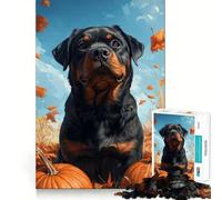 Puzzle de 1000 pièces représentant un rottweiler avec des citrouilles et des feuilles d'automne pour les adolescents Jouet anti-stress intelligent et ludique aux bords tranchants Cadeau d'anniversaire