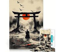 Puzzle de 1000 pièces représentant un samouraï à la porte Torii avec soleil levant, idéal pour adultes Jeu de réflexion calme et stimulant, à assembler soi-même Cadeau parfait pour les fêtes (50x75cm)