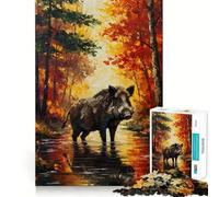 Puzzle de 1000 pièces représentant Un Sanglier dans Une forêt d'automne Jeu de Puzzle Stimulant la cognition Pièces nettes et sans bavures Jouet d'intérieur idéal pour Les Vacances (38x26cm)