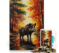 Puzzle de 1000 pièces représentant Un Sanglier dans Une forêt d'automne Jeu Stimulant Le Cerveau Ajustement Parfait Divertissement Confortable à l'intérieur pour Tous (50x75cm)