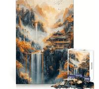 Puzzle de 1000 pièces représentant Un Temple de Montagne et Une Cascade, idéal pour Adultes Exercice cérébral, détente et évasion Découpe de précision Cadeau de Noël idéal (38x52cm)