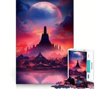 Puzzle de 1000 pièces représentant Un Temple en Silhouette sous Une Lune géante 38x52cm pour Adultes Jeu de réflexion et de Calme Décoration Murale épurée