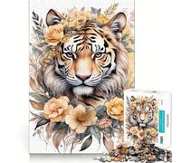 Puzzle de 1000 pièces représentant Un Tigre avec Un Arrangement Floral, idéal pour Adultes, défi cérébral, Jeu de Groupe, découpe Nette, Joli Cadeau 38x52cm