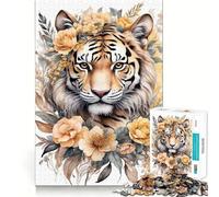 Puzzle de 1000 pièces représentant Un Tigre avec Un Arrangement Floral, idéal pour Les Adolescents Renforce la mémoire, Calme et sérénité Qualité supérieure Cadeau de Noël idéal 38x26cm