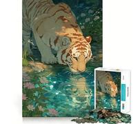 Puzzle de 1000 pièces représentant Un Tigre Buvant de l'eau dans Un décor Floral, idéal pour Les Adolescents Jeu de réflexion Simple et Amusant, à Assembler et à Offrir en Cadeau mémorable 38x26cm
