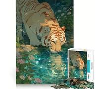 Puzzle de 1000 pièces représentant Un Tigre Buvant de l'eau dans Un décor Floral Jeu de réflexion pour Adolescents Activité à Domicile Cadeau touchant et Facile à découper 38x52cm