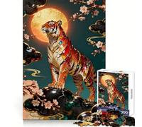 Puzzle de 1000 pièces représentant Un Tigre orné de Lune et de Fleurs pour Adultes Jeu de réflexion et de Loisirs Qualité supérieure Joli présent (38x26cm)