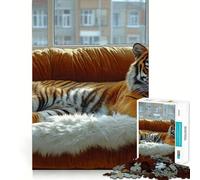 Puzzle de 1000 pièces représentant Un Tigre se Relaxant sur Un canapé, idéal pour Les Adolescents Jeu de réflexion Stimulant et Relaxant Découpe précise Illustration 38x26cm