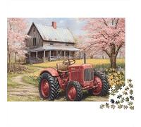 Puzzle de 1000 pièces représentant Un Tracteur Rouge, idéal pour Les Adultes. Jeu éducatif et décoratif, Dimensions : 70 x 50 cm. Cadeauanniversaire.