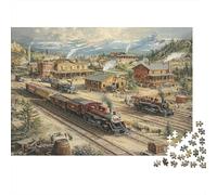 Puzzle de 1000 pièces représentant Un Train à Vapeur coloré dans Une Gare Vintage d'une Ville de l'Ouest. Idéal pour Un Cadeau d'anniversaire Amusant pour Adultes. Dimensions : 70 x 50 cm.