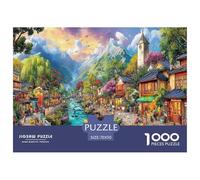 Puzzle de 1000 pièces représentant Un Village de Montagne, décoré et idéal comme Cadeau. Jeu Familial Amusant et Stimulant en Papier recyclé, sur Le thème d'une Ville fluviale colorée (70 x 50 cm).