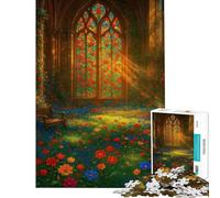 Puzzle de 1000 pièces représentant Un vitrail Floral avec Banc Puzzle pour Adultes défi de Vitesse et de difficulté idéal comme Cadeau (Taille 38x26cm)