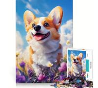 Puzzle de 1000 pièces représentant Un Welsh Corgi Souriant dans Un Champ de Fleurs, idéal pour Les Adolescents Découpe Lisse, Cadeau élégant (38x52cm)