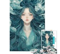 Puzzle de 1000 pièces représentant Une Adolescente aux Longs Cheveux Bleus Style Anime idéal pour Les Adultes Puzzle Anti-Stress Cadeau Mural pour Les Amis et la Famille (38x52cm)