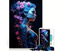 Puzzle de 1000 pièces représentant Une Adolescente Cyberpunk à Motifs Floraux néon (50x75cm) Style épuré et Lumineux