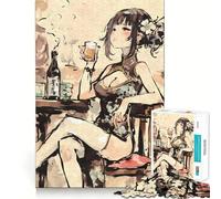 Puzzle de 1000 pièces représentant Une Adolescente d'anime Buvant du saké Jeu de mémoire,Verrouillage sûr,sans pièces détachées,idéal pour Les Voyages pour Les Petits Cerveaux (38x52cm)