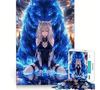 Puzzle de 1000 pièces représentant Une Adolescente et Un Loup Bleu,avec Une Fille d'anime Jeu de mémoire et Système de Verrouillage sécurisé,sans pièces détachables Idéal Cerveaux