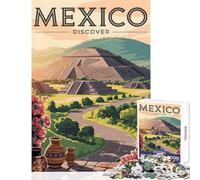 Puzzle de 1000 pièces représentant Une Affiche de Voyage au Mexique avec Une Pyramide Décoration idéale pour la Maison Jeu éducatif et ludique Renforce l'amour Entre Les Couples Dimensions 38x26cm