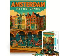 Puzzle de 1000 pièces représentant Une Affiche de Voyage d'Amsterdam,aux Pays-Bas Jeu de réflexion Amusant et Stimulant,idéal pour Un Anniversaire ou comme Casse-tête (38x52cm)