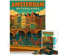 Puzzle de 1000 pièces représentant Une Affiche de Voyage d'Amsterdam,aux Pays-Bas Jeu de réflexion Amusant et sans Espace Design ajusté pour Les réunions de Famille (50x75cm)