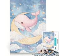Puzzle de 1000 pièces représentant Une Baleine Rose sur la Lune, Style Aquarelle, pour Adultes Jeu de réflexion et de détente Design Original à Assembler Collection d'œuvres d'art (38x26cm)