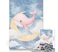 Puzzle de 1000 pièces représentant Une Baleine Rose sur la Lune, Style Aquarelle, pour Adultes Jeu de réflexion et de détente Design Original à Assembler Collection d'œuvres d'art (38x26cm)