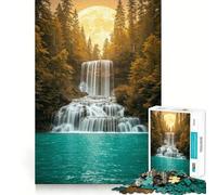 Puzzle de 1000 pièces représentant Une Cascade et Une forêt au Clair de Lune Jeu Amusant et Technique de découpe Laser avancée Jouet d'intérieur divertissant pour Les fêtes (38x52cm)