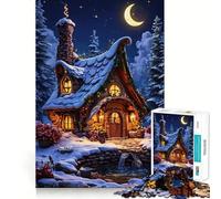 Puzzle de 1000 pièces représentant Une Charmante Maison d'hiver sous Un Croissant de Lune,idéal pour Les Adolescents Stimule l'esprit,Amusant,aux découpes nettes et aux Composants Activité de Groupe