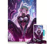 Puzzle de 1000 pièces représentant Une Chatte Anime dans Un Paysage Urbain Cyberpunk Jeu de réflexion créatif Découpe Nette Composants Robustes Idéal pour Les Voyages (38x26cm)