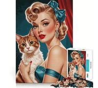 Puzzle de 1000 pièces représentant Une Chatte Blonde pin-up Mignonne,pièces ajustées,Jouet créatif et Amusant,Moments de détente et de Plaisir,Cadeau de décoration d'anniversaire (38x52cm)