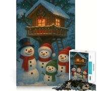 Puzzle de 1000 pièces représentant Une Famille de bonhommes de Neige et Une cabane dans Les Arbres pour Adolescents (38x26cm) Collection d'œuvres d'art claires et découpées