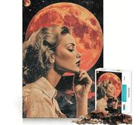 Puzzle de 1000 pièces représentant Une Femme contemplant la Lune Rouge Jeu de réflexion Amusant et Stimulant Pièces Parfaitement emboîtables Cadeau d'anniversaire Casse-tête (50x75cm)