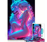 Puzzle de 1000 pièces représentant Une Femme Loup néon Sexy, idéal pour Les Adolescents, pour améliorer Leur mémoire et Leurs Loisirs Découpe Solide Cadeau Parfait pour Les vœux du Père Noël 38x52cm