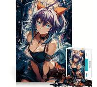 Puzzle de 1000 pièces représentant Une Fille d'anime aux Cheveux Bleus et au nœud Orange Jeu créatif,pièces Robustes et découpées avec précision Idéal Cadeau Parfait pour Les Petits tracas