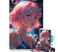 Puzzle de 1000 pièces représentant Une Fille d'anime aux Cheveux Roses Jeu de réflexion et d'adresse Assemblage Stable,pièces Qui ne bougent Pas Un Passe-Temps agréable pour Les Longs Week-Ends