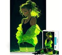 Puzzle de 1000 pièces représentant Une Fille d'anime aux Reflets Vert néon, idéal pour Adultes Jeu de logique et de résolution d'énigmes, Anti-Stress, découpe précise, Cadeau précieux (38x52cm)