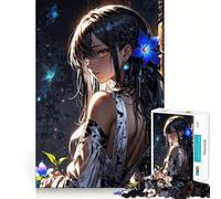 Puzzle de 1000 pièces représentant Une Fille d'anime avec des Fleurs Bleues Jeu de Construction Focus Assemblage Parfait sans écart Activité gratifiante pour Les Jours de Pluie (38x52cm)