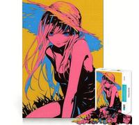 Puzzle de 1000 pièces représentant Une Fille d'anime avec Un Chapeau d'été Jeu de réflexion créatif Découpe Nette Composants Robustes Idéal pour Les Voyages (50x75cm)