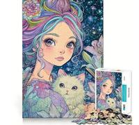 Puzzle de 1000 pièces représentant une fille d'anime avec un chat et des fleurs,idéal pour les adolescents Jeu stimulant l'esprit,solide et facile à assembler,pour une activité amusantele soir 50x75cm