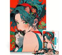 Puzzle de 1000 pièces représentant Une Fille d'anime avec Un Chat et des Motifs Floraux Jeu de développement cognitif Surface Lisse sans bavures Activité relaxante à Faire en Groupe 38x52cm