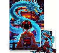 Puzzle de 1000 pièces représentant Une Fille d'anime avec Un Dragon et des pagodes,idéal pour Les Adolescents Jeu Stimulant et précis,de Taille Uniforme,pour Une activité amusantele Soir 38x52cm