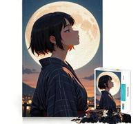 Puzzle de 1000 pièces représentant Une Fille d'anime contemplant la Lune,idéal pour Les Adolescents Jeu Stimulant l'esprit,pièces de Taille Uniforme et précises,activité amusantele Soir 38x52cm